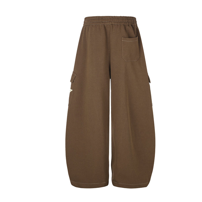 Back view of brown wide-leg cargo sweatpants with a rear patch pocket and side cargo pockets