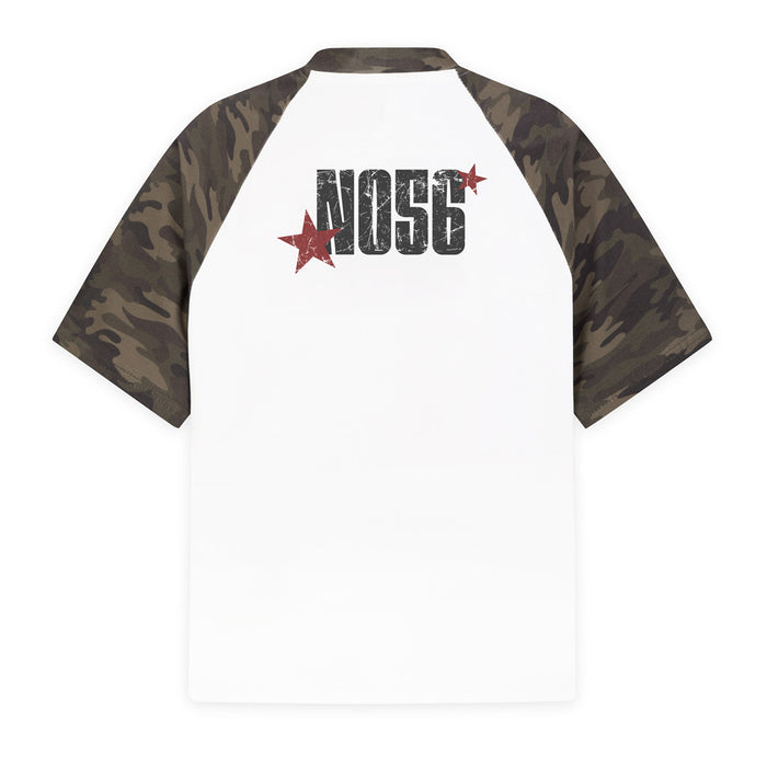 White raglan sleeve T-shirt with camo sleeves and distressed BOSS star graphic on the chest