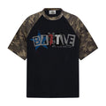 Black raglan T-shirt with camo sleeves and BATTLE graphic logo on the chest, featuring a color block design