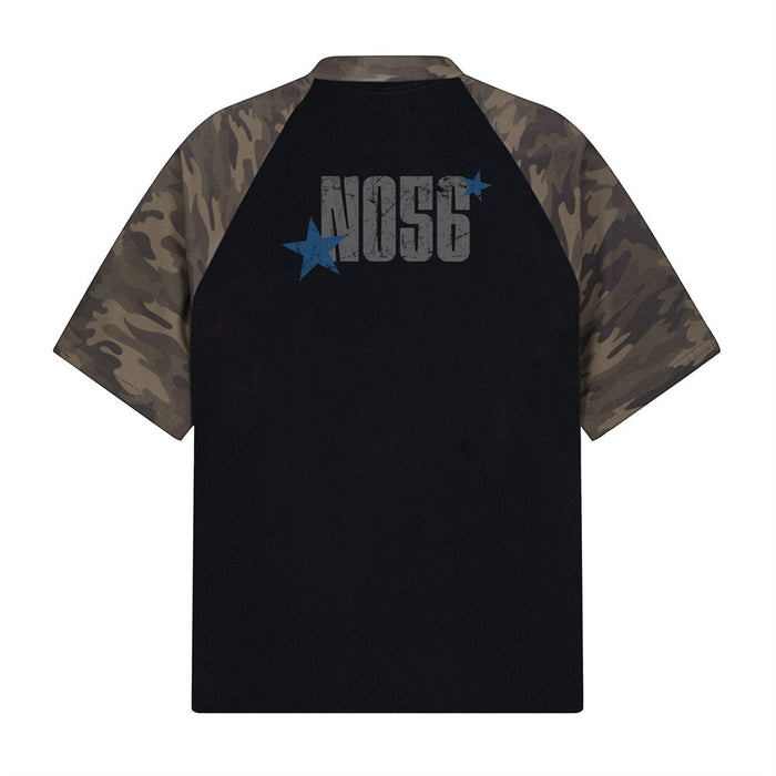Black raglan graphic T-shirt with camouflage sleeves and NOS4 star print on the chest