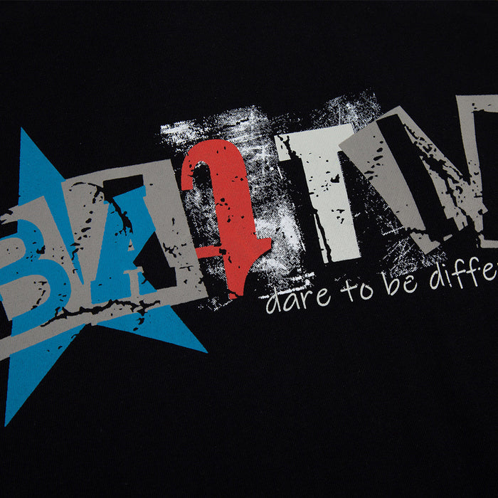 Black graphic T-shirt with bold BATTLE print in blue, red, and white, featuring a distressed camo-style design