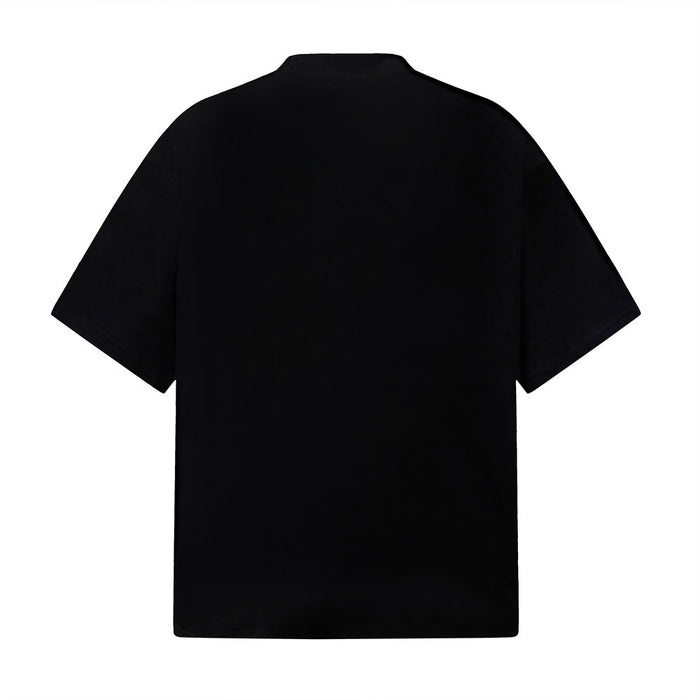 Black oversized men's graphic T-shirt with loose fit and short sleeves, shown from the back on a plain background