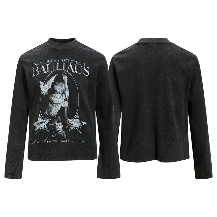 Washed black waffle-knit long sleeve shirt with Bauhaus gothic rock graphic print on chest, mock neck collar, front and back
