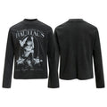 Washed black waffle-knit long sleeve shirt with Bauhaus gothic rock graphic print on chest, mock neck collar, front and back