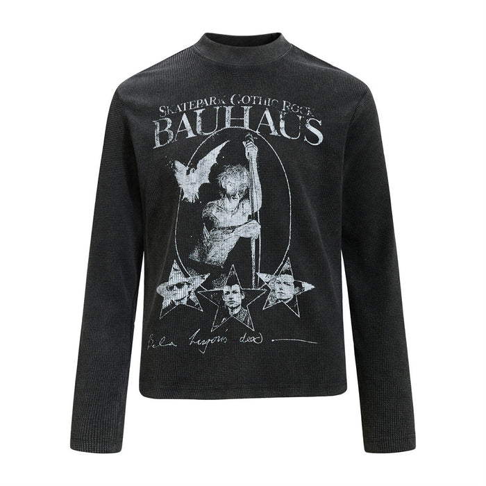 Black waffle knit long sleeve shirt with Bauhaus Gothic Rock text and monochrome central figure graphic