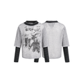 Front and back view of a grey grunge graphic sweater with built-in black striped long sleeves and layered collar detail