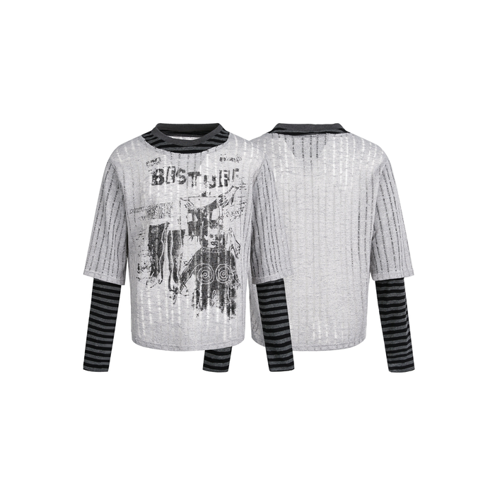 Front and back view of a grey grunge graphic sweater with built-in black striped long sleeves and layered collar detail