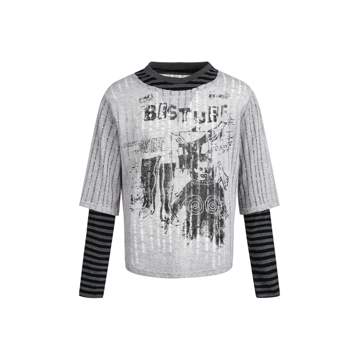 Gray layered sweater top with black striped long sleeves and distressed graphic front