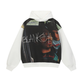 White hoodie with bold photo print graphic on the front and white sleeves