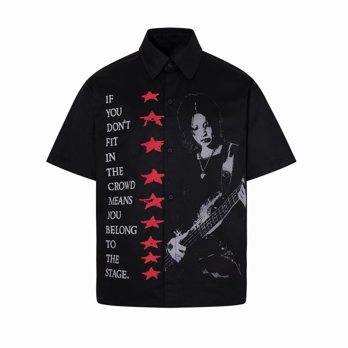 Black button-up shirt with rock guitarist graphic, red stars, and bold text saying you belong to the stage