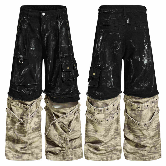 Front and back view of washed black cargo denim pants with paint-splatter effect and faded camouflage lower leg panels