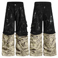 Front and back view of washed black cargo denim pants with paint-splatter effect and faded camouflage lower leg panels