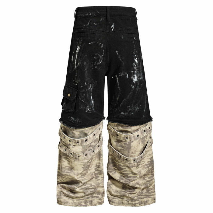 Back view of black washed cargo jeans with one side pocket and camo lower legs