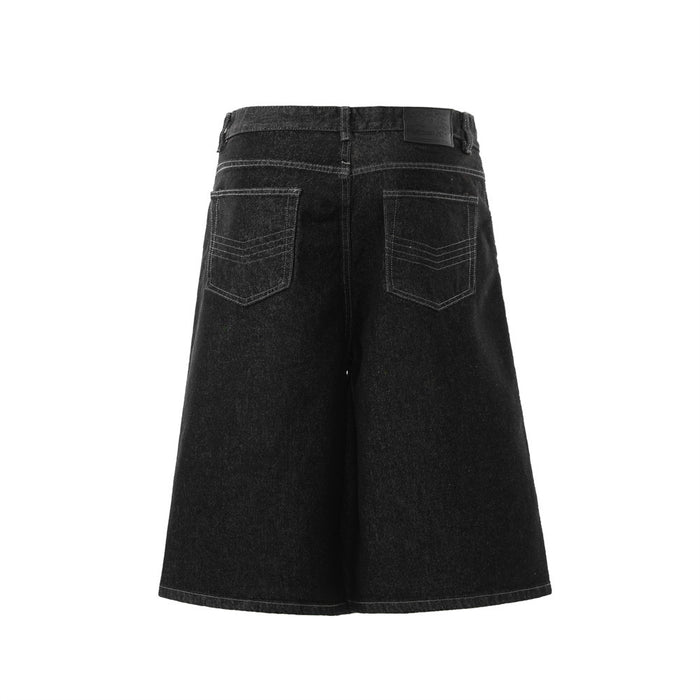 Back view of black denim wide-leg shorts with two back pockets