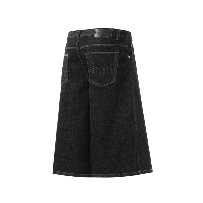Rear three-quarter view of black denim wide-leg shorts with back pockets
