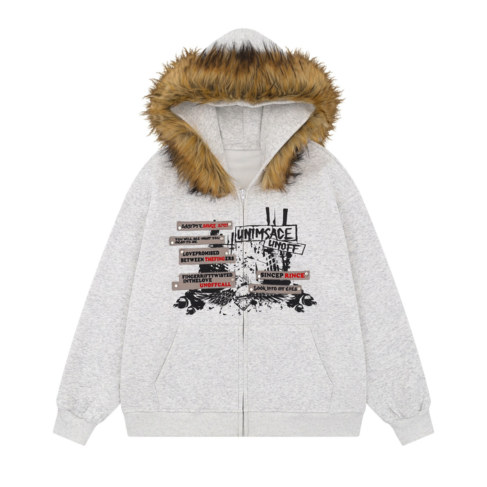 Light gray zip hoodie with tan faux fur-trimmed hood and black graphic print, front view
