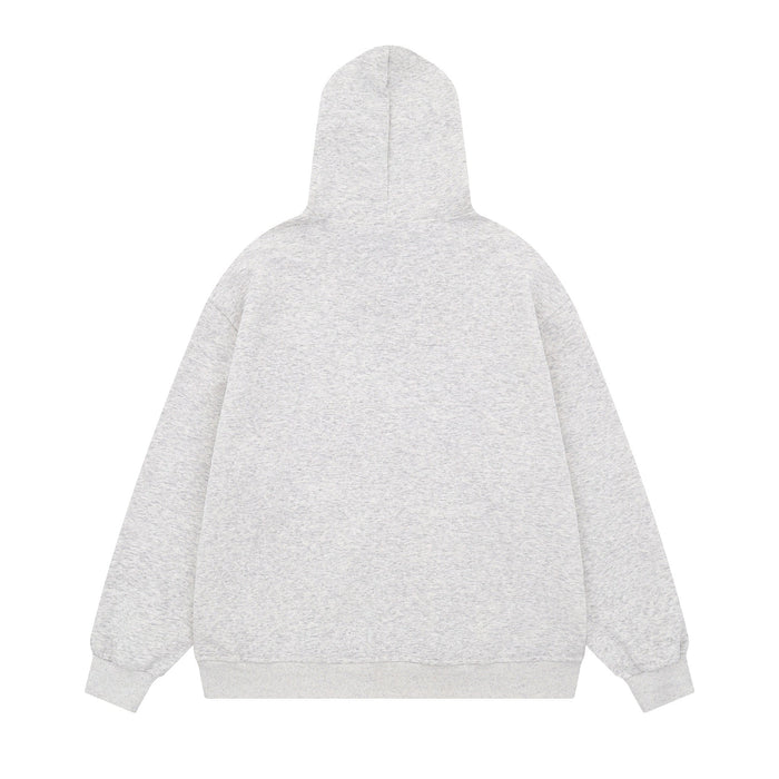 Back view of light gray fleece hoodie with plain hood and long sleeves