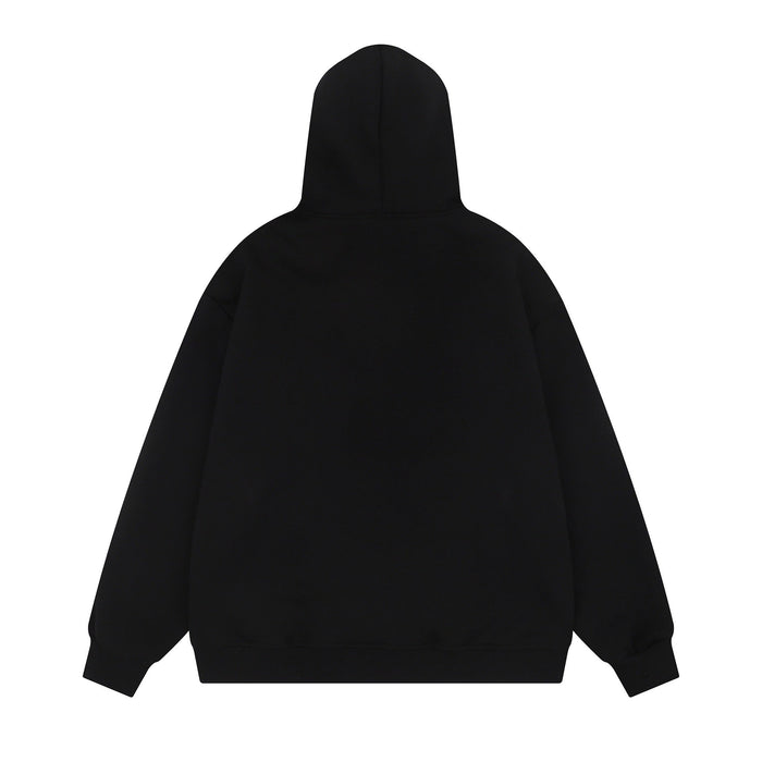 Back view of black fleece hoodie with plain hood and long sleeves