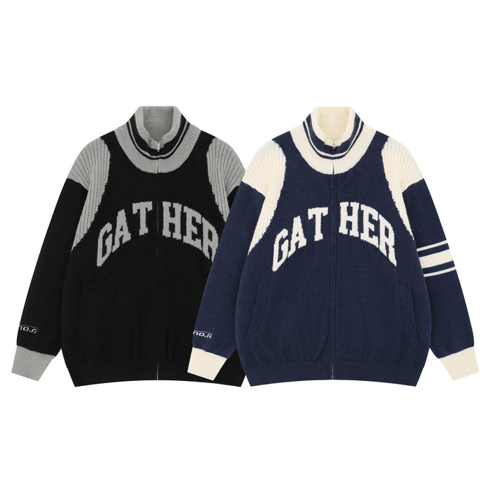 Omirad Gather Varsity Knit Zip Jacket in black with grey contrast ribbed shoulders and arched collegiate chest lettering