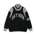 Black and gray varsity knit zip jacket with arched GATHER lettering, front view