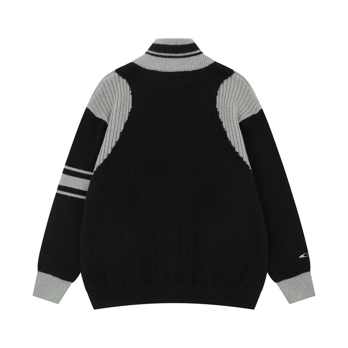 Black and gray varsity knit zip jacket, back view with striped collar and sleeves