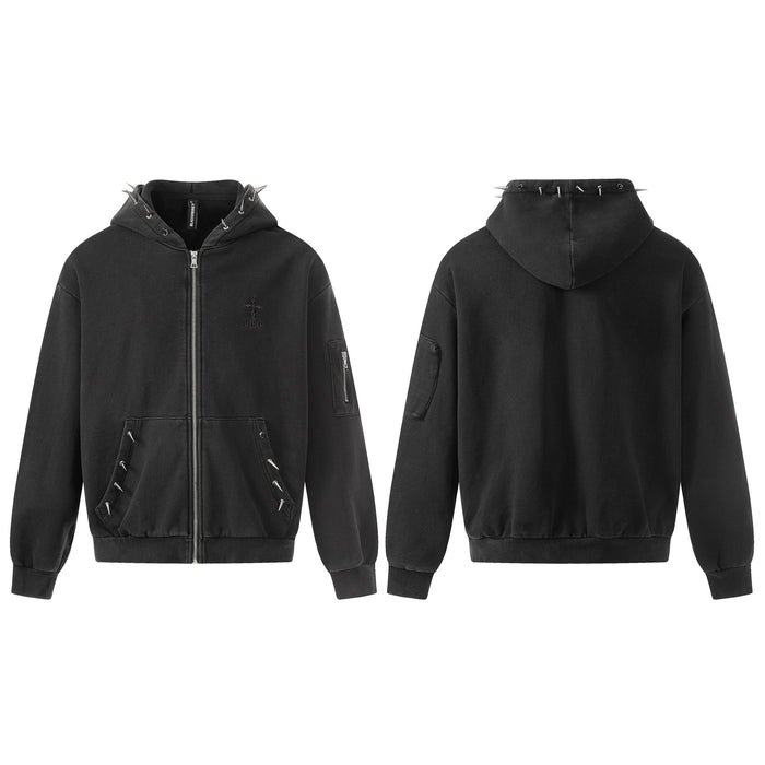 Washed black zip-up hoodie with silver metal spike hardware along the hood and front pockets, shown front and back
