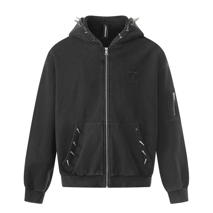 Front view of a black zip-up hoodie with spiked hood trim, zip pockets, and ribbed cuffs