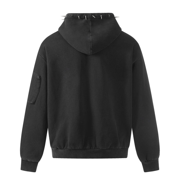 Back view of a black hoodie showing the plain washed finish, hood, sleeves, and ribbed hem
