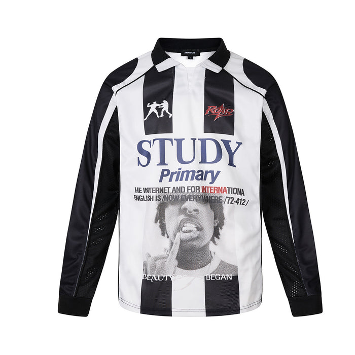 Black and white vertical stripe long sleeve soccer jersey polo shirt with large front graphic print and mesh sleeve panels