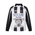 Black and white vertical stripe long sleeve soccer jersey polo shirt with large front graphic print and mesh sleeve panels