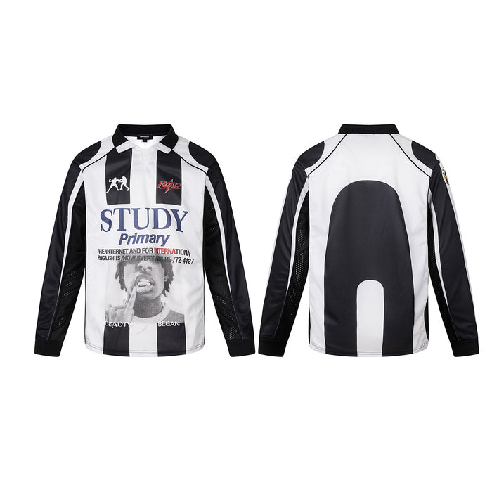 Black and white striped long-sleeve soccer jersey shown from the front and back, with graphic print and bold rear panel