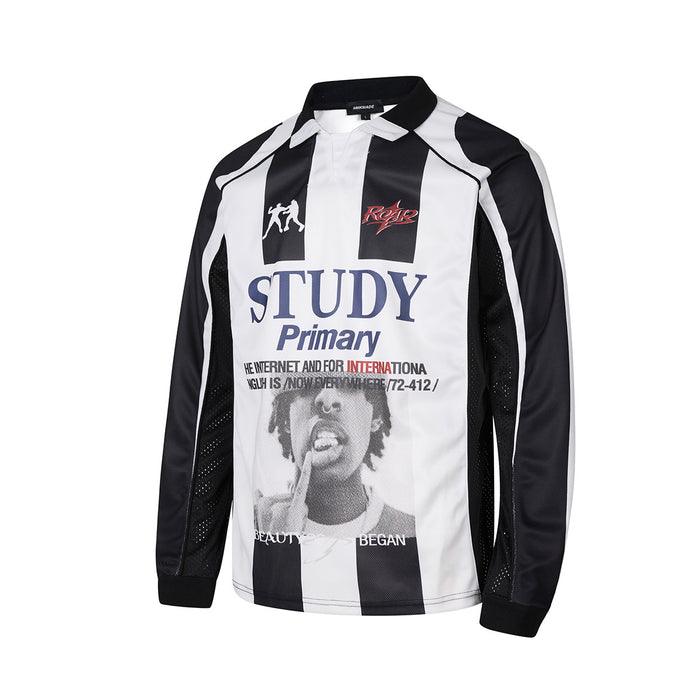 Front three-quarter view of a black and white striped long-sleeve polo jersey with printed text and portrait graphic