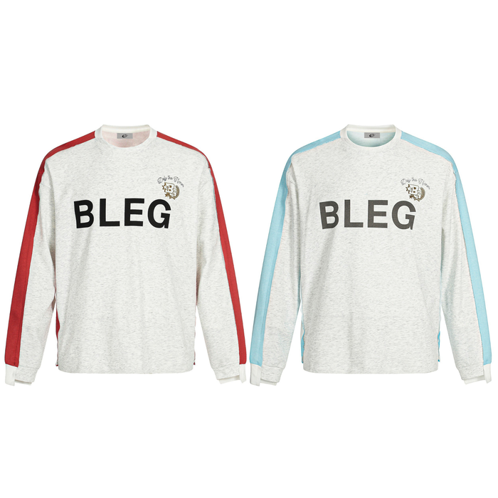 Front view of color-block long sleeve tee in red and light blue versions with BLEG print