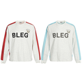Front view of color-block long sleeve tee in red and light blue versions with BLEG print