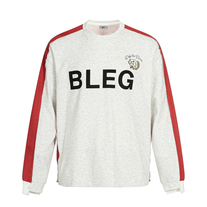 Front view of off-white long sleeve tee with red shoulder panels and large BLEG chest graphic