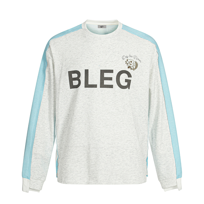 Front view of off-white long sleeve tee with light blue shoulder panels and large BLEG chest graphic