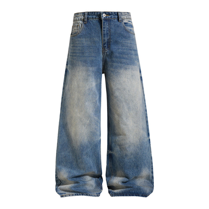 Front flat view of blue wide-leg jeans with pronounced vintage wash and straight loose legs