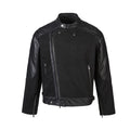 Black boxy moto jacket with PU leather collar, shoulder yoke panels, and asymmetric zip closure, front view