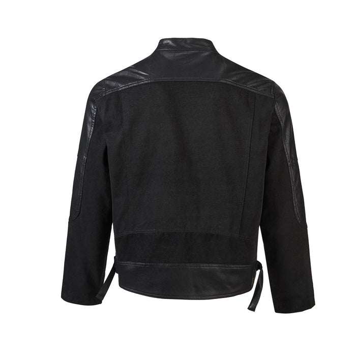 Back view of the black moto jacket showing the denim back, leather shoulder panels and adjustable waist tabs