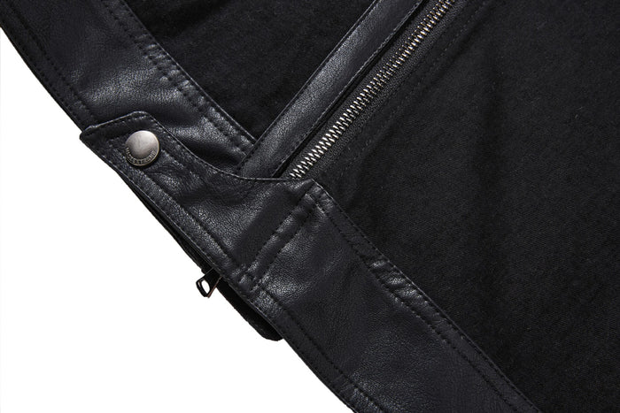 Close-up of the jacket front showing a silver zipper, snap fastening and black PU leather trim