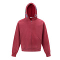 Front view of the red acid-wash zip-up hoodie with hood, full zipper, kangaroo pockets, and ribbed cuffs