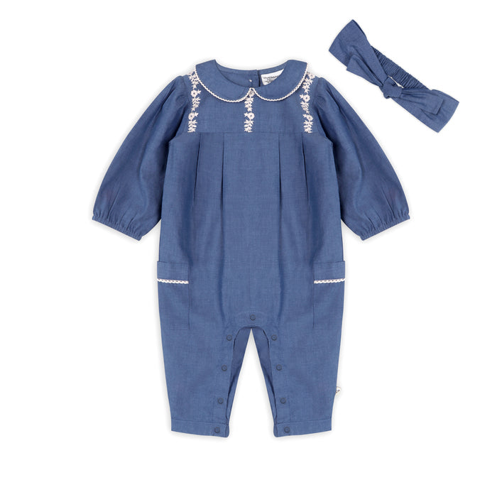 Brooklyn Soft Chambray Baby Jumpsuit & Headband Set (Organic Cotton)