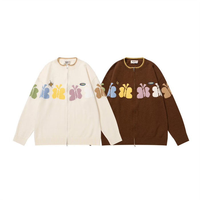Front view of cream and brown zip-up knit cardigans with rows of multicolored butterfly motifs