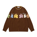 Oversized butterfly jacquard zip-up knit cardigan in chocolate brown with multicolour butterfly motifs across chest and sleev