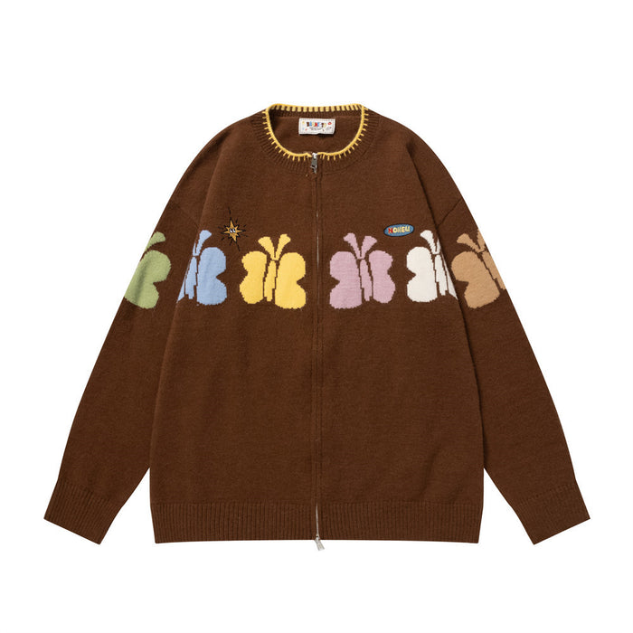 Oversized butterfly jacquard zip-up knit cardigan in chocolate brown with multicolour butterfly motifs across chest and sleev