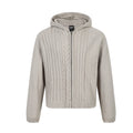 Cable knit zip-up hoodie sweater in oat beige with irregular twist braid pattern and full-length zipper, front and back view