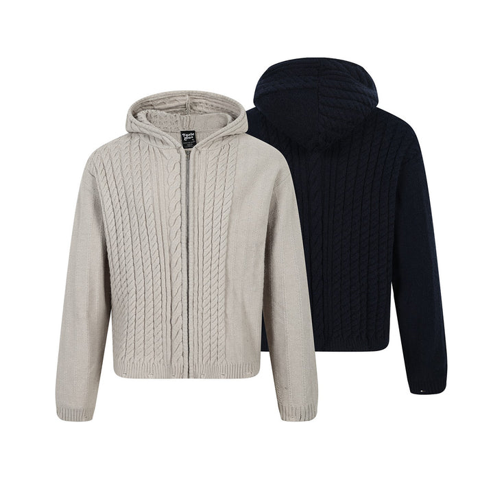 Beige cable-knit zip-up hoodie shown from the front with a navy hooded sweater behind it from the back