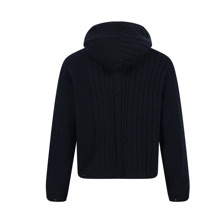 Back view of a dark navy hooded sweater featuring vertical cable-knit panels and a ribbed hem