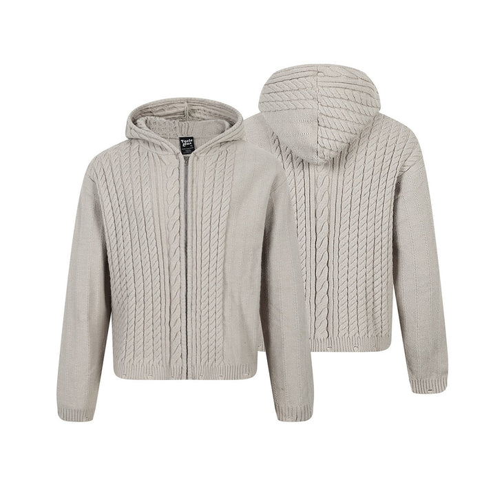 Beige cable-knit hoodie shown in front and back views, highlighting the zip front, hood, and twisted knit panels