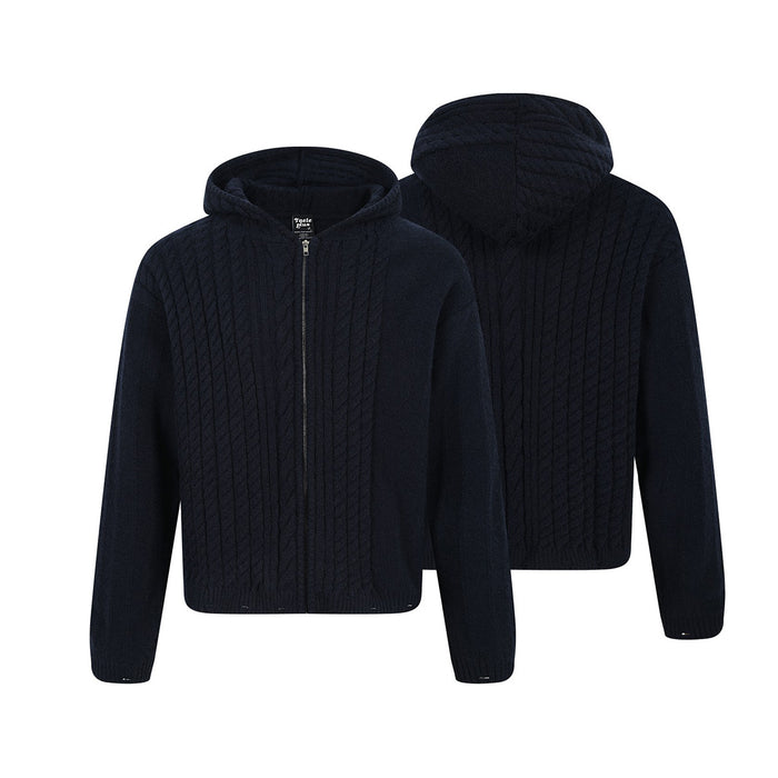 Dark navy cable-knit hoodie shown from front and back, with a central zipper and textured vertical knit design